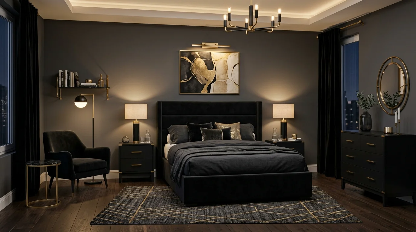 A bedroom with black furniture and metallic accents soft lighting refined sophisticated design no people