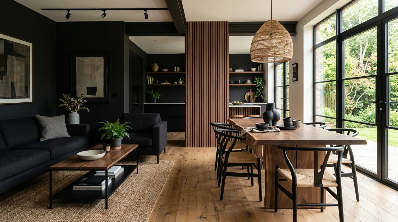 A room with a mix of black tones and natural textures like wood bright lighting balanced moody aesthetic no people