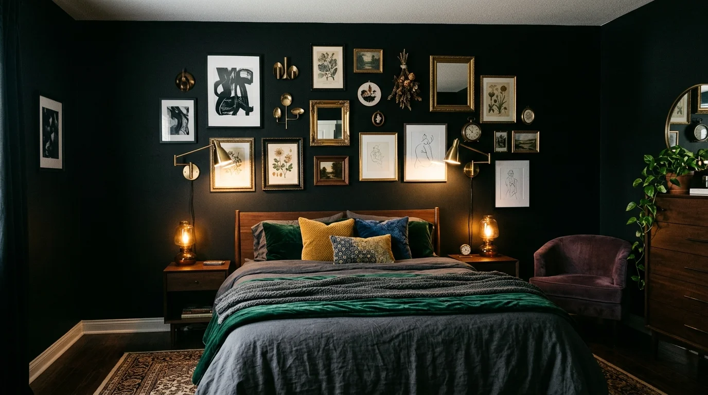 A bedroom with a gallery wall on black walls featuring artwork and decor soft lighting artistic dramatic style no people