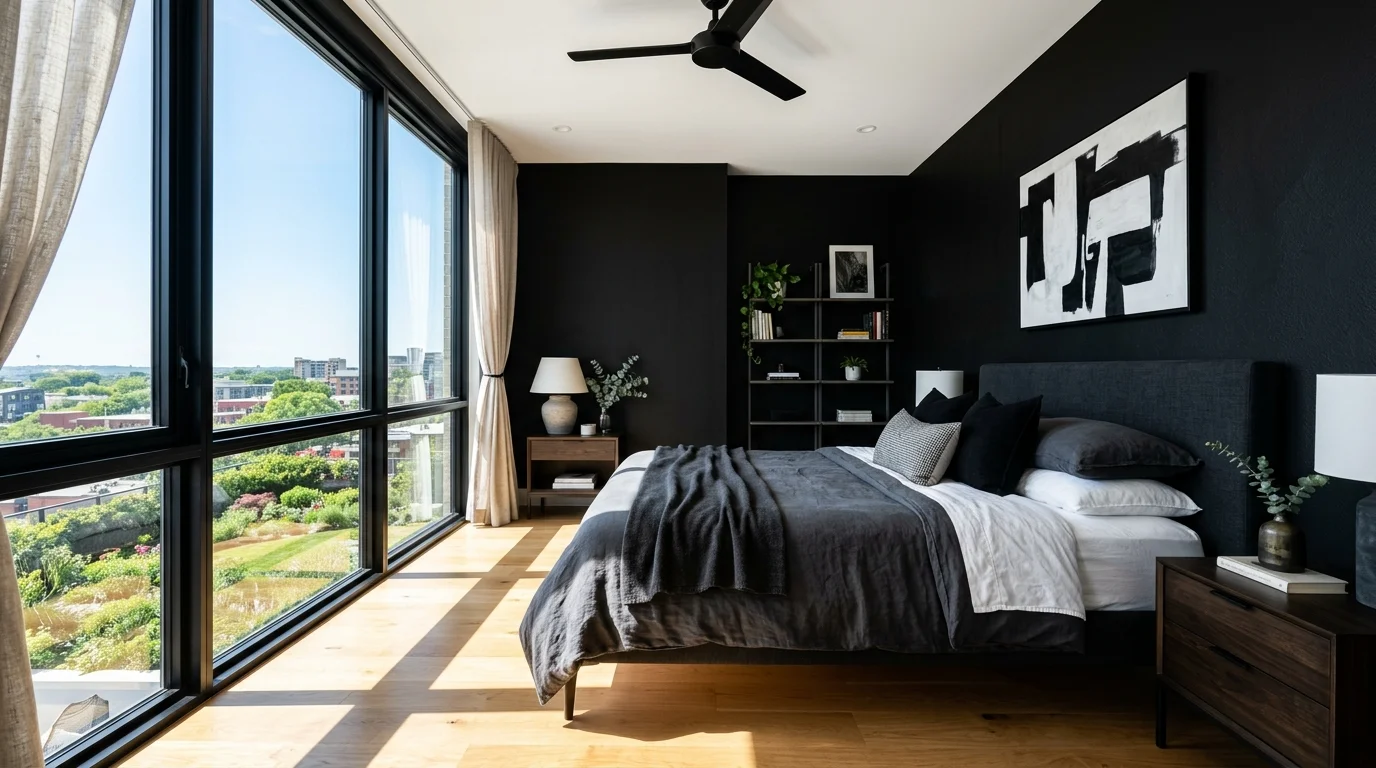 A modern bedroom with black walls and large windows allowing natural light to contrast the dark tones bright daylight striking design no people