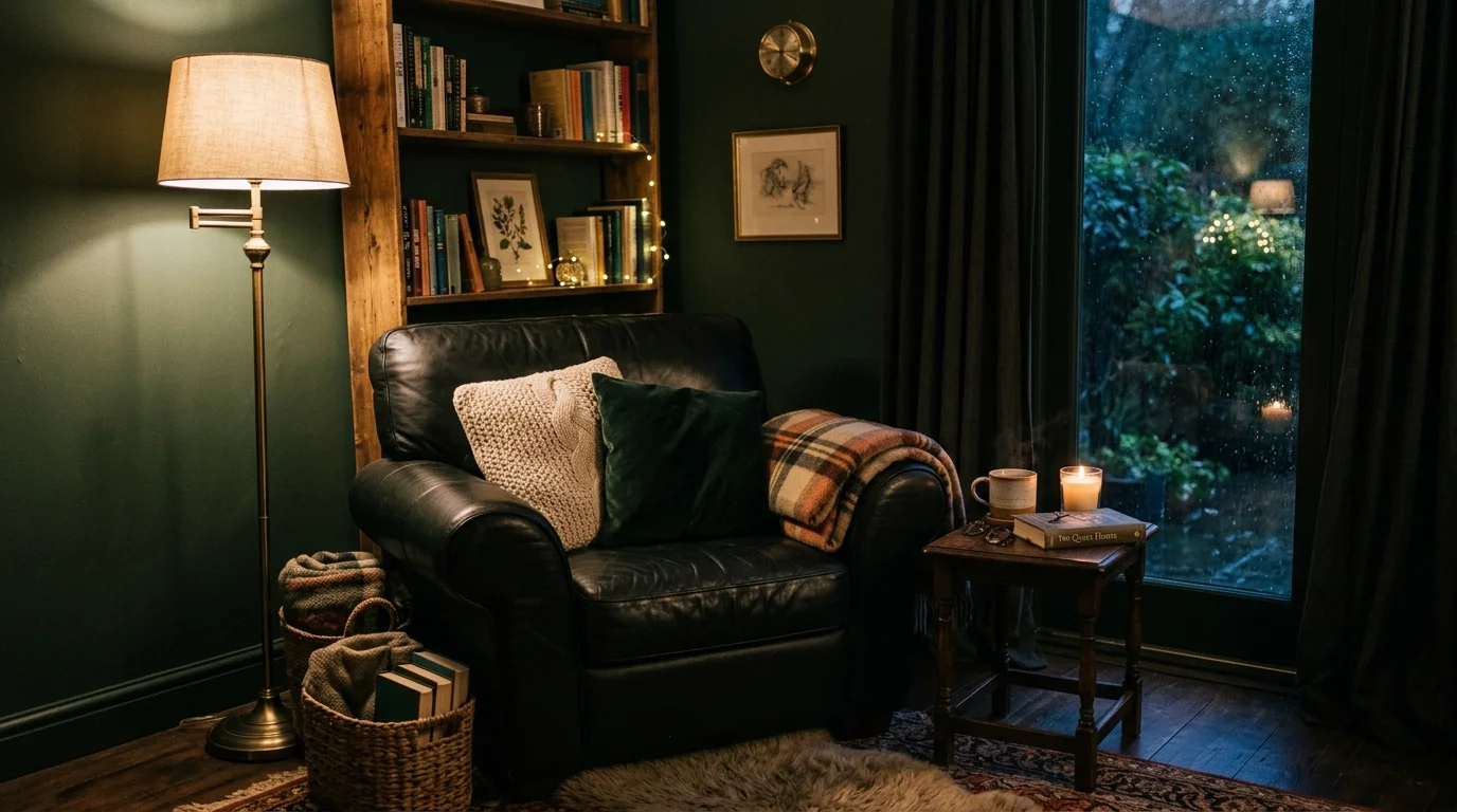 A cozy corner with a black armchair and soft cushions warm lighting relaxing moody nook no people