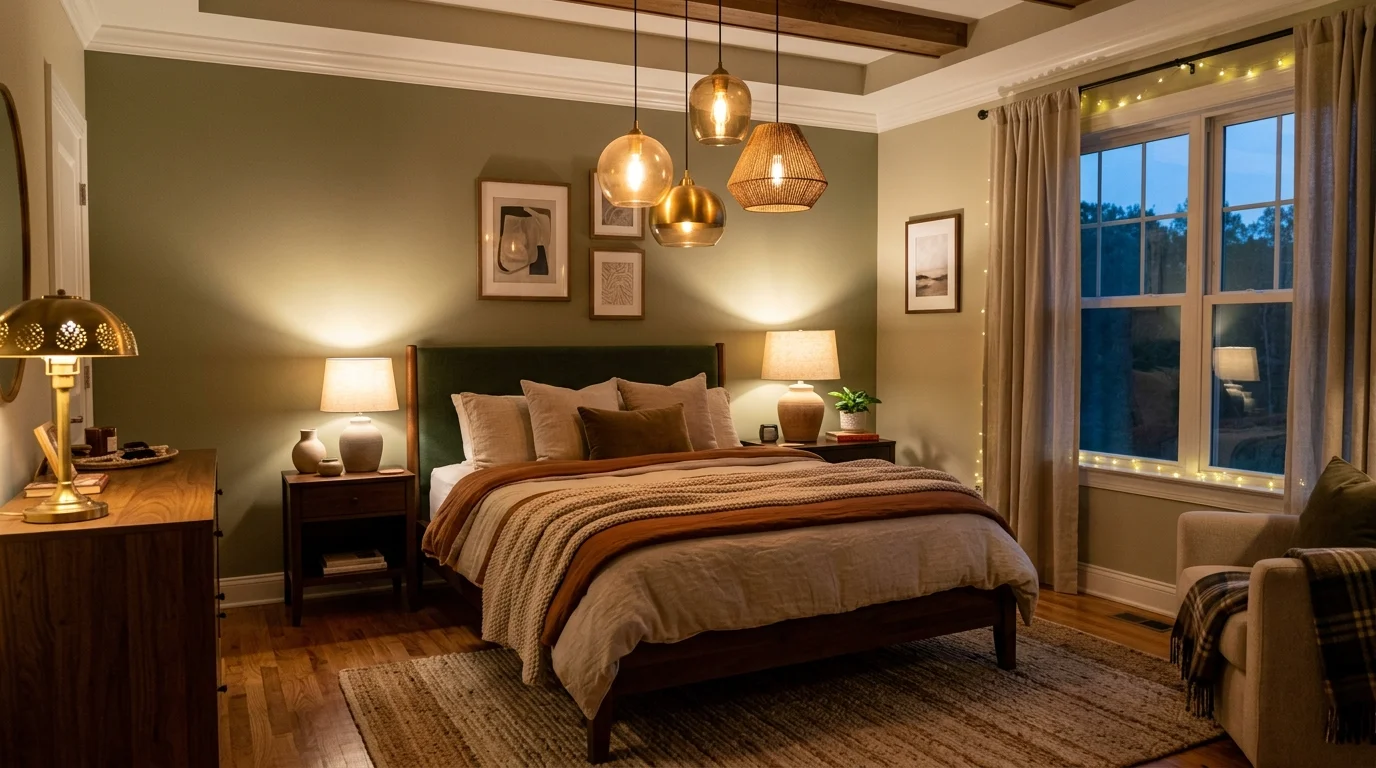 A bedroom with layered lighting including lamps and pendant lights soft warm lighting enhancing depth and ambiance no people