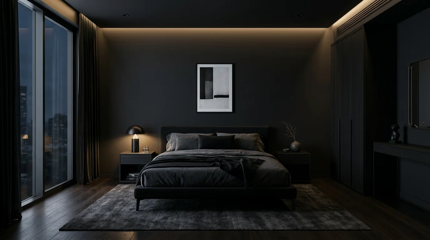 A sophisticated black bedroom with minimal decor and clean lines bright controlled lighting calm refined atmosphere no people