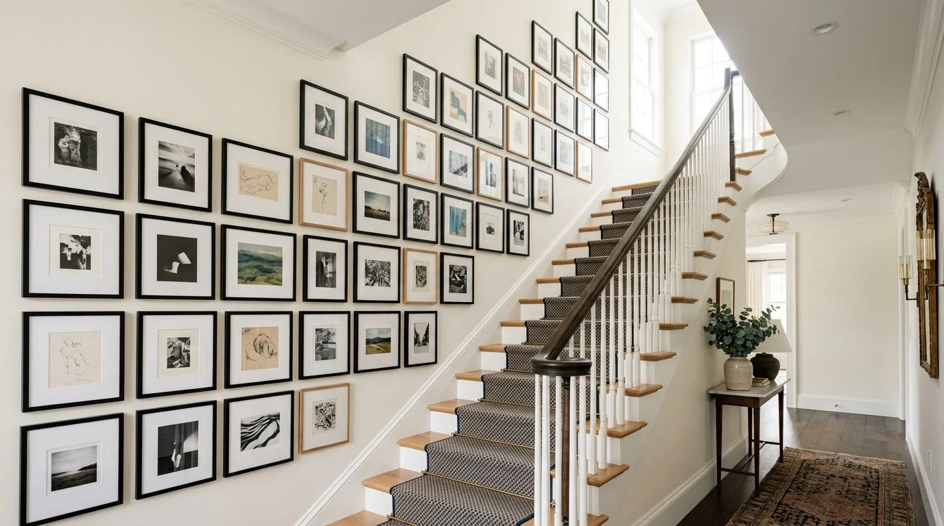 A staircase lined with a gallery wall of framed artwork arranged symmetrically bright lighting stylish visual impact no people