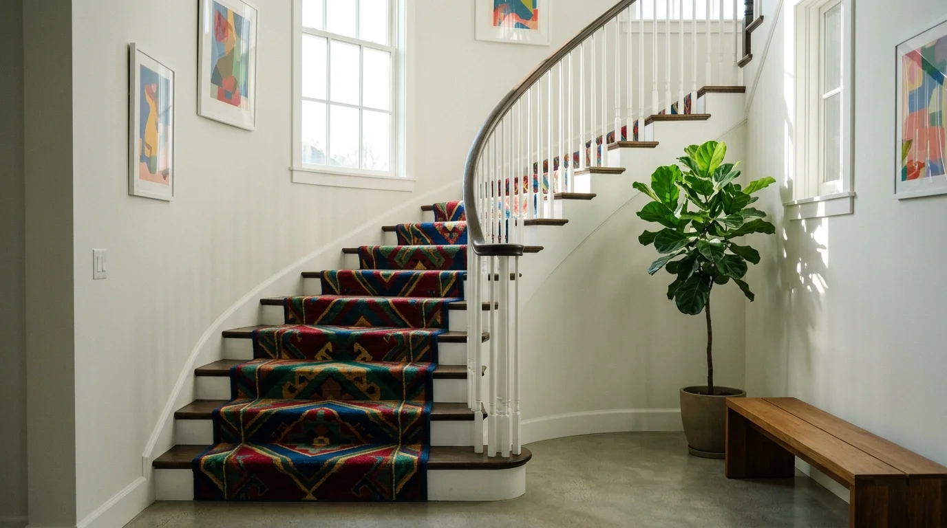 A staircase with a bold runner rug in rich colors creating contrast bright natural daylight dynamic design no people