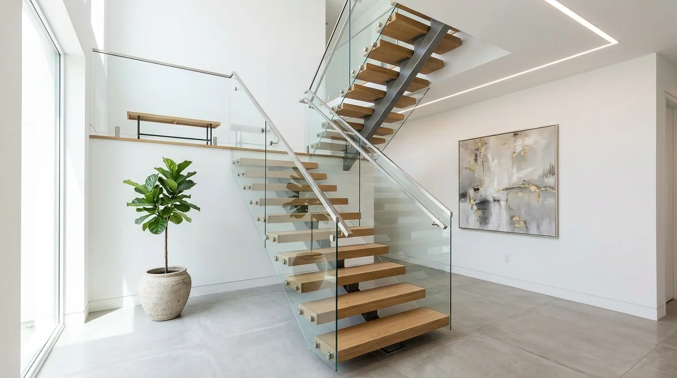 A space with a modern staircase featuring glass railings and minimal decor bright lighting sleek contemporary look no people