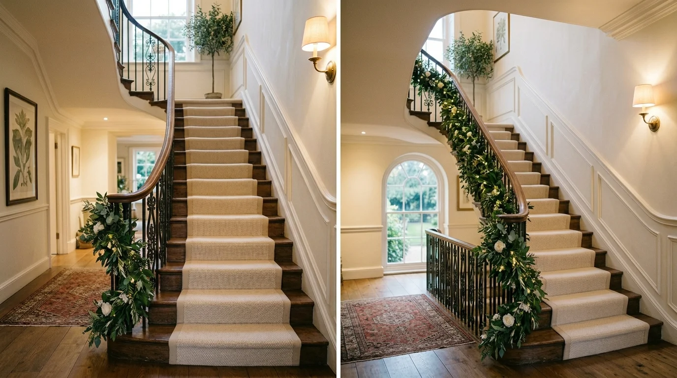 A staircase decorated with lush greenery garland wrapped along the banister soft lighting elegant natural touch no people