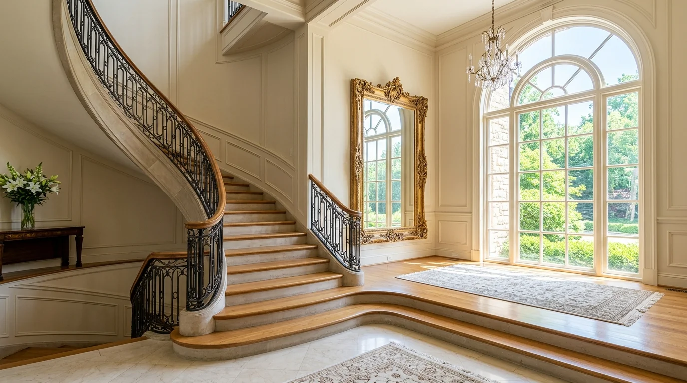 A grand staircase with a large mirror placed at the landing reflecting light bright natural daylight open airy feel no people