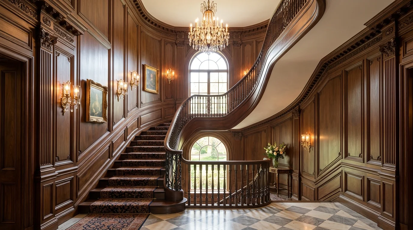 A staircase with dramatic wall paneling and molding details bright lighting classic architectural elegance no people
