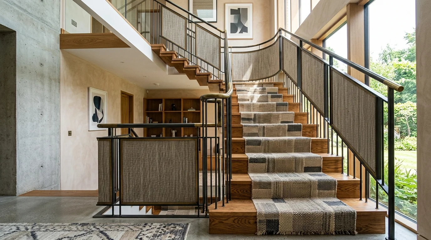 A staircase with a mix of textures including wood metal and fabric bright natural daylight layered sophisticated design no people