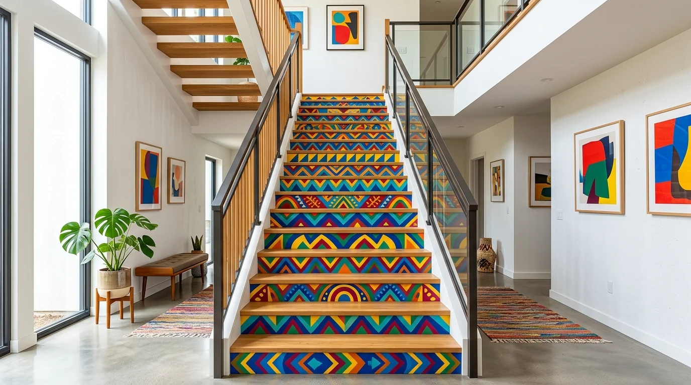 A bold staircase with painted risers in patterns or colors bright lighting artistic statement feature no people
