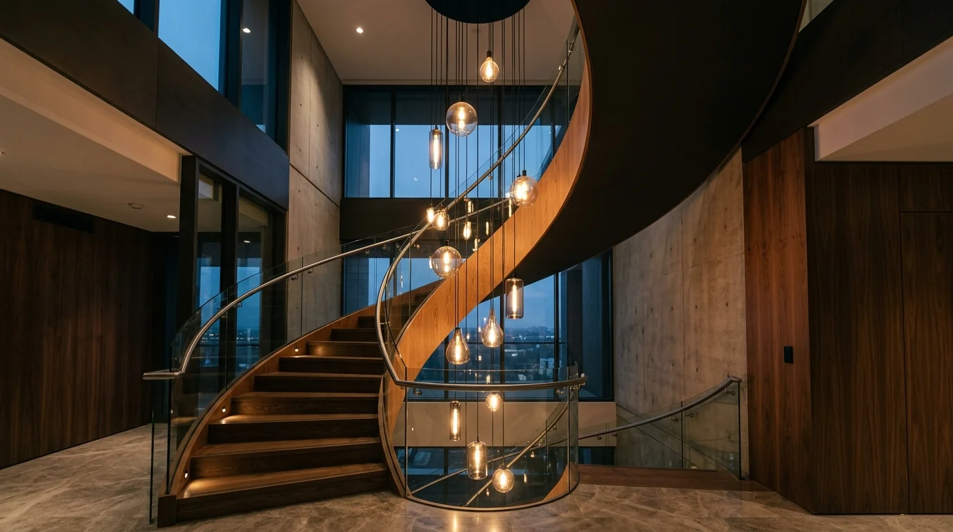 A staircase with pendant lights hanging at varying heights soft ambient lighting dramatic vertical visual effect no people