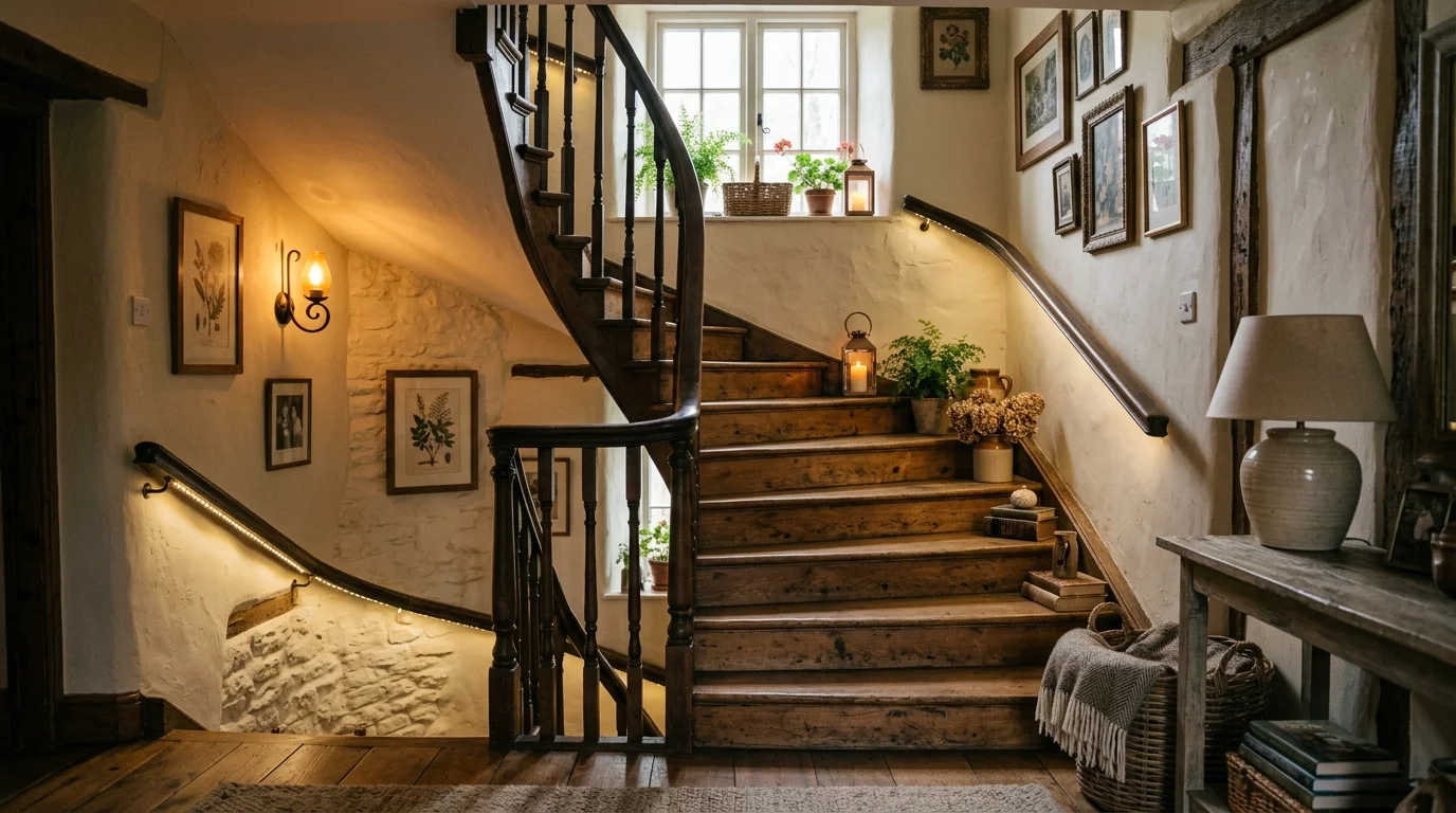 A rustic staircase with wooden steps and simple decor warm lighting cozy yet striking design no people