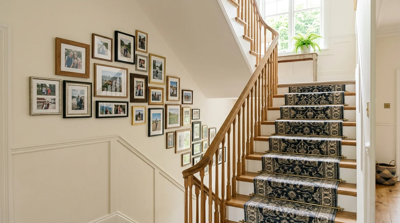 A staircase with a runner carpet and framed photos following the angle of the stairs bright natural light personal stylish decor no people