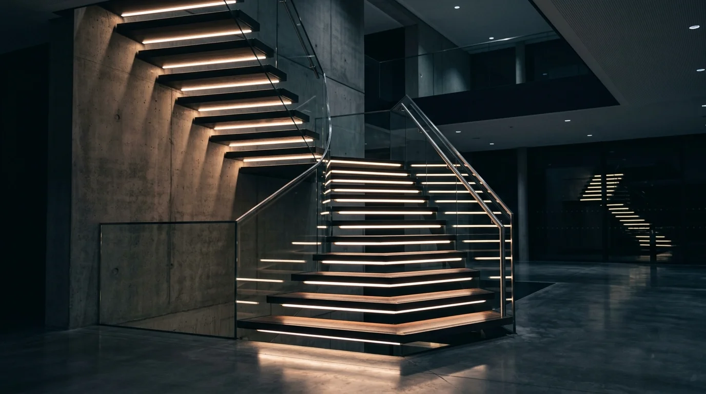 A modern staircase with LED lighting under steps creating a glowing effect soft lighting futuristic dramatic look no people