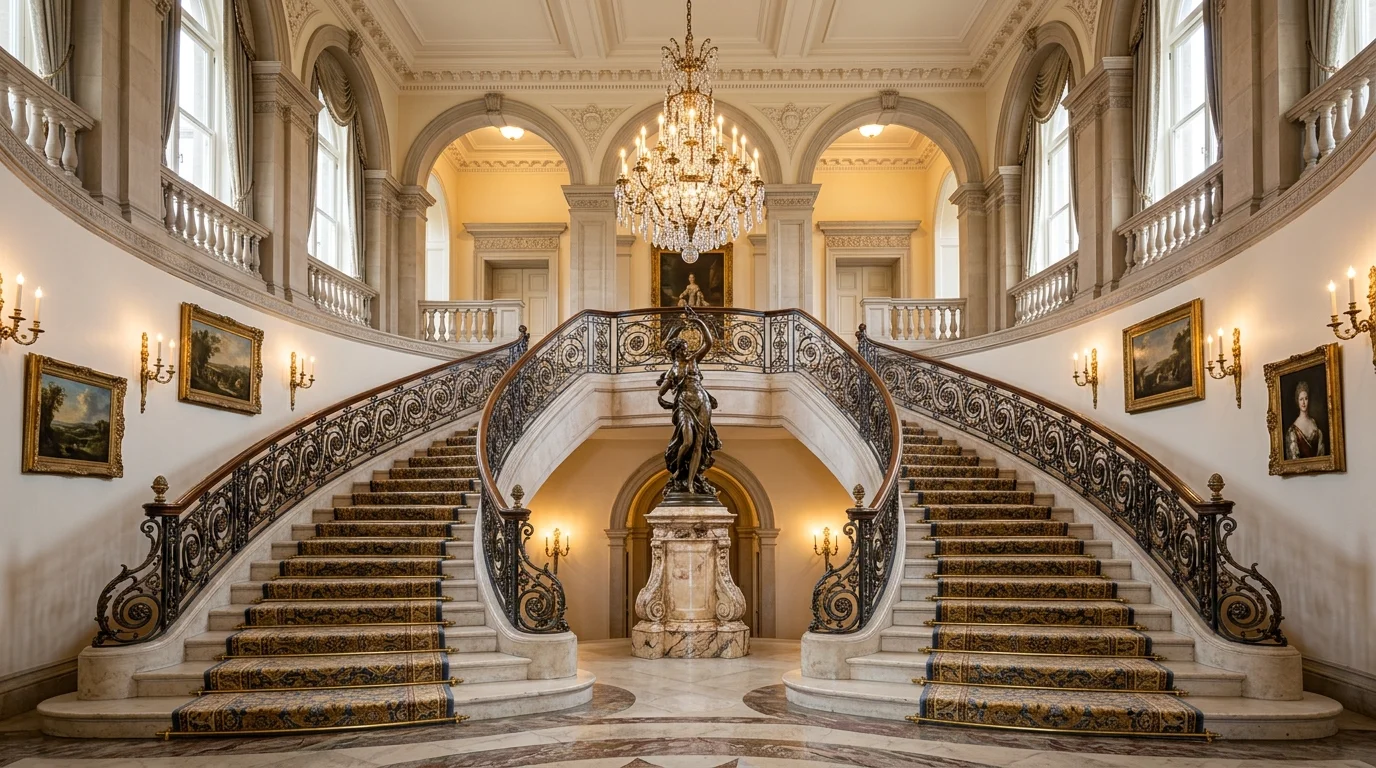 A grand staircase with symmetrical decor and a central focal piece bright lighting balanced elegant design no people