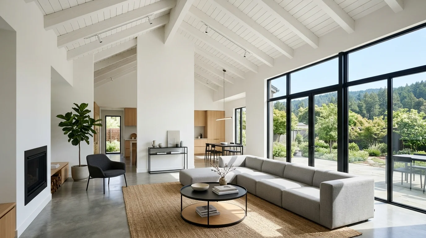 A modern living room with a high vaulted ceiling white walls and minimalist furniture bright natural daylight open expansive design no people