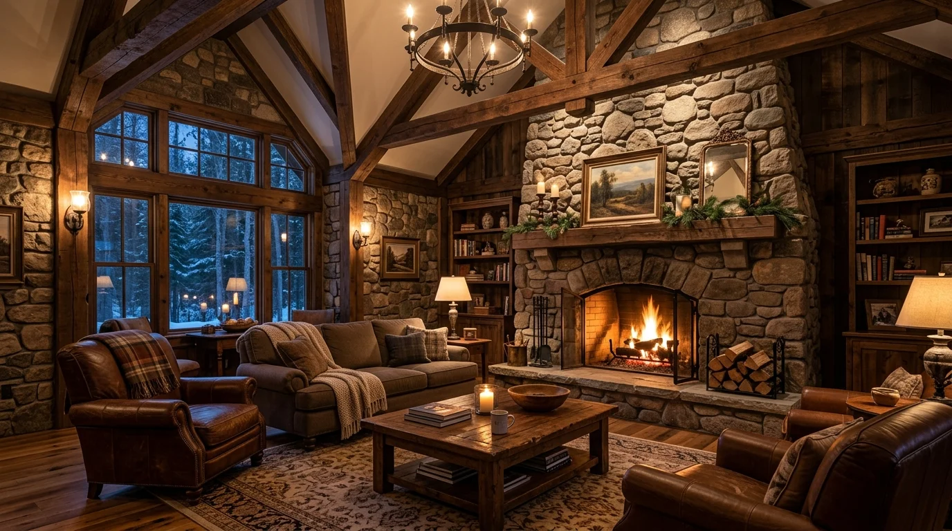 A rustic living room with vaulted ceilings and stone fireplace paired with wooden beams warm ambient lighting cozy grand atmosphere no people