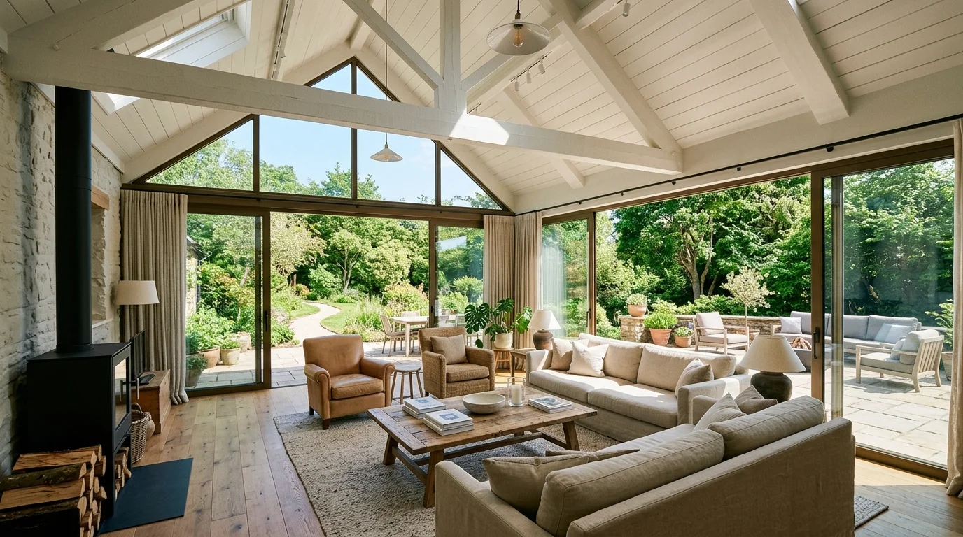 A living room with floor to ceiling windows under a vaulted ceiling bright natural light creating a seamless indoor outdoor feel no people