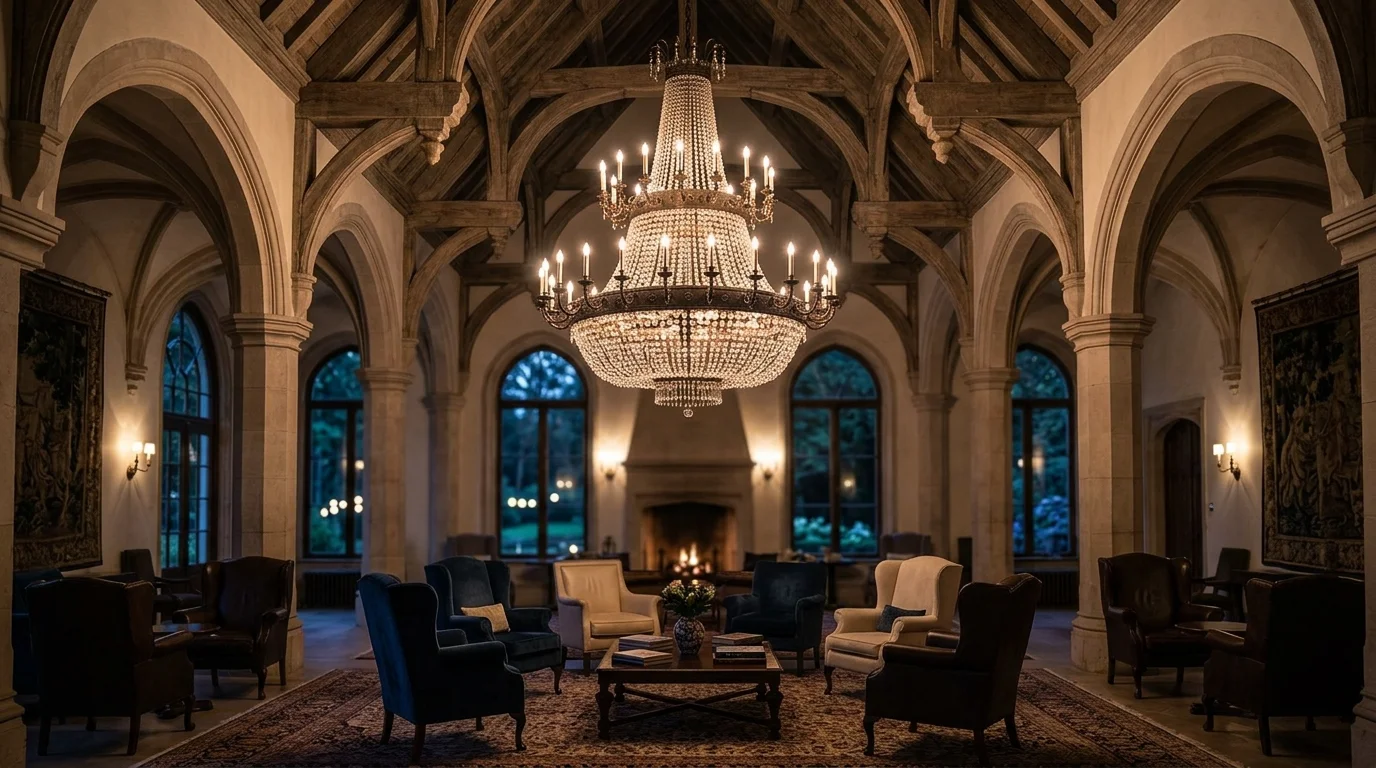 A space with a chandelier hanging from a high vaulted ceiling above a seating area soft lighting elegant dramatic focal point no people