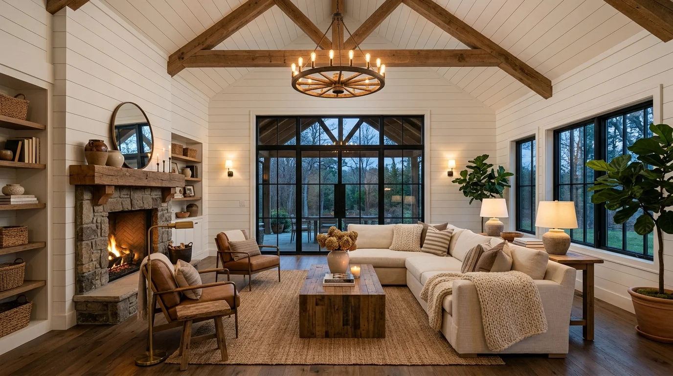 A modern farmhouse living room with vaulted ceilings shiplap walls and wooden accents warm lighting cozy yet spacious design no people