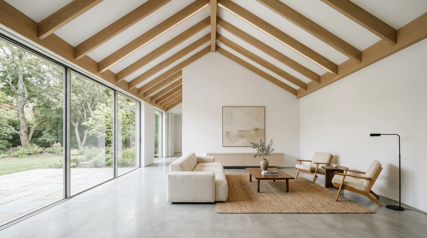 A minimalist living room with clean lines low furniture and a dramatic vaulted ceiling bright lighting uncluttered expansive aesthetic no people