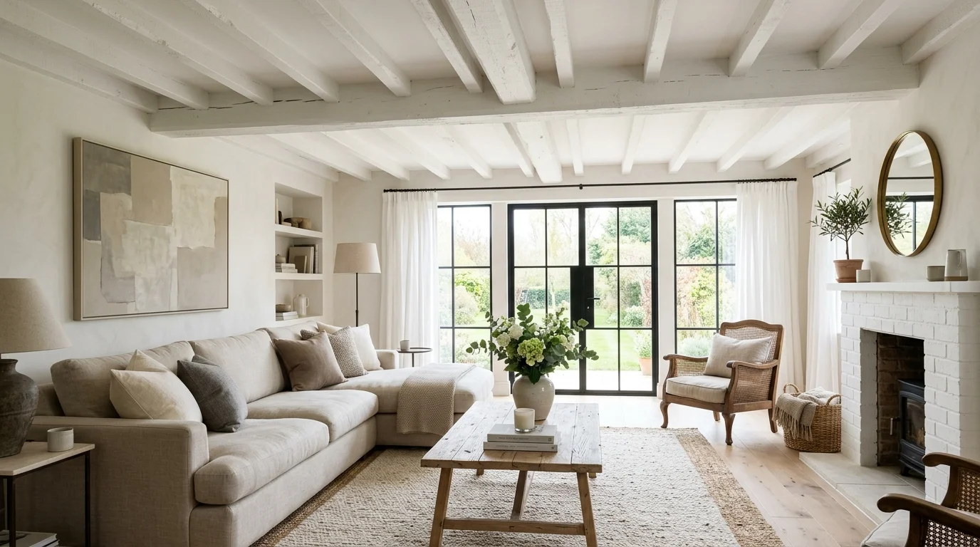 A living room with exposed beams painted white paired with neutral decor bright natural daylight soft airy elegance no people
