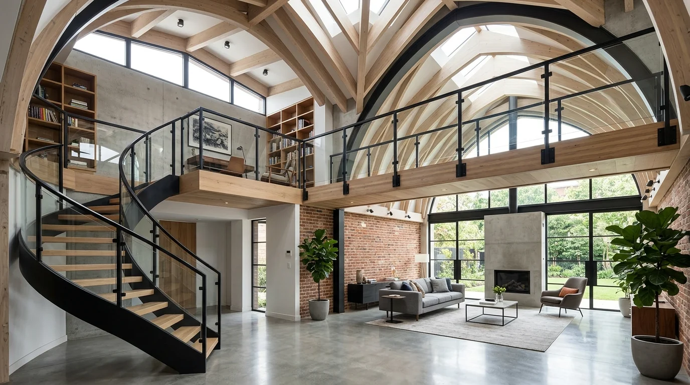 A space with a mezzanine overlooking a vaulted ceiling living area bright lighting dynamic architectural design no people