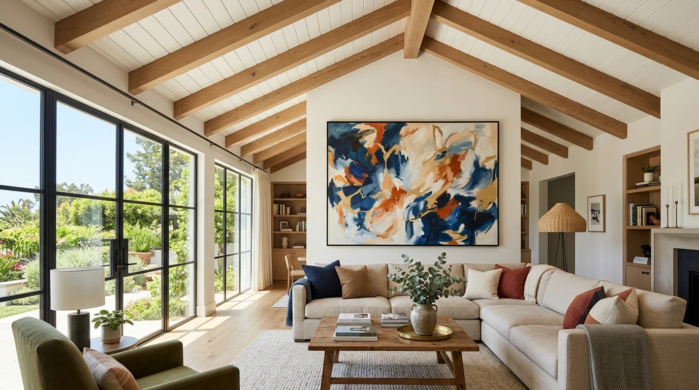 A living room with large artwork placed beneath a vaulted ceiling creating visual balance bright natural light stylish interior no people