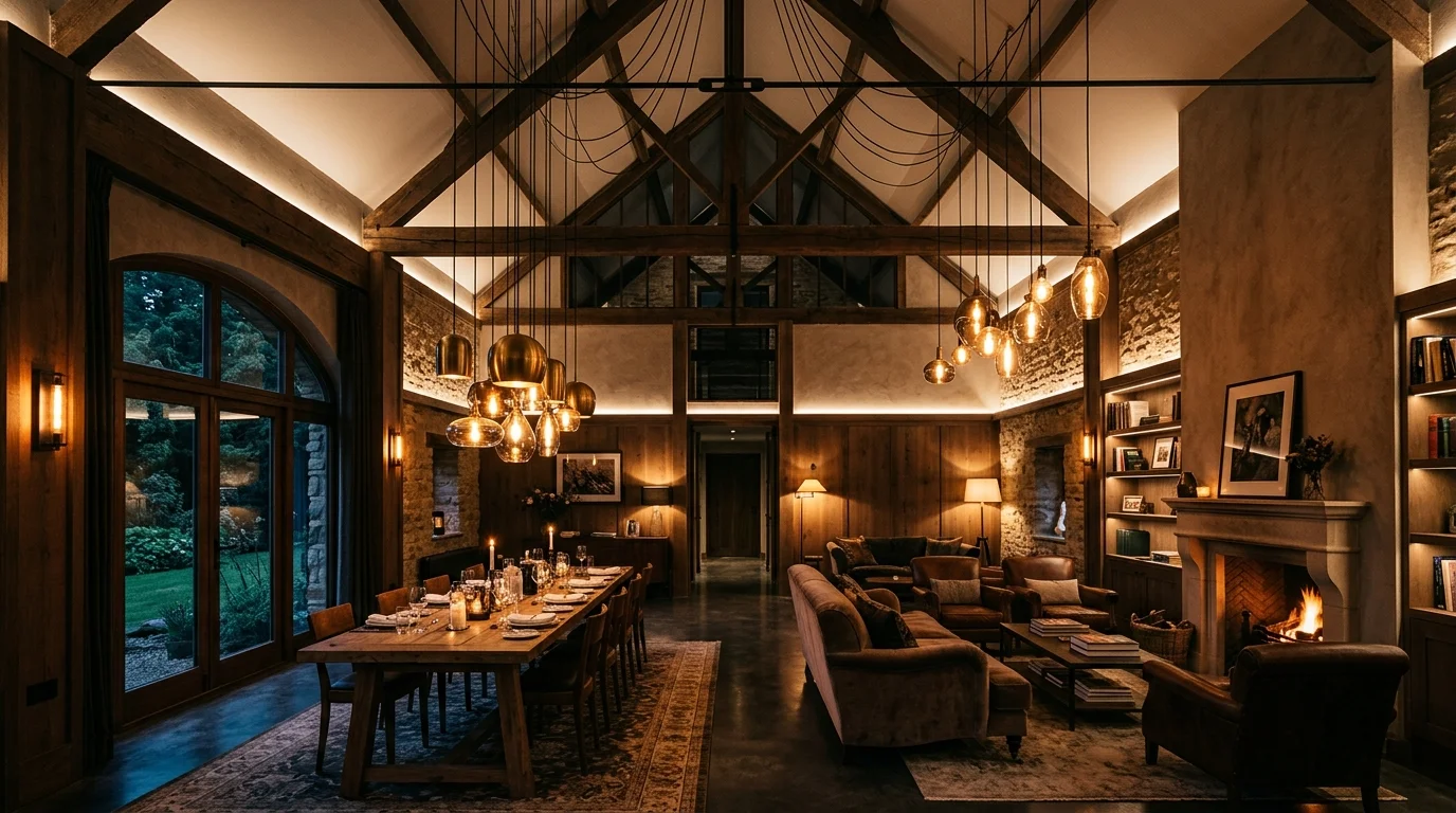 A room with layered lighting including pendant lights hanging from a high ceiling warm lighting inviting dramatic ambiance no people