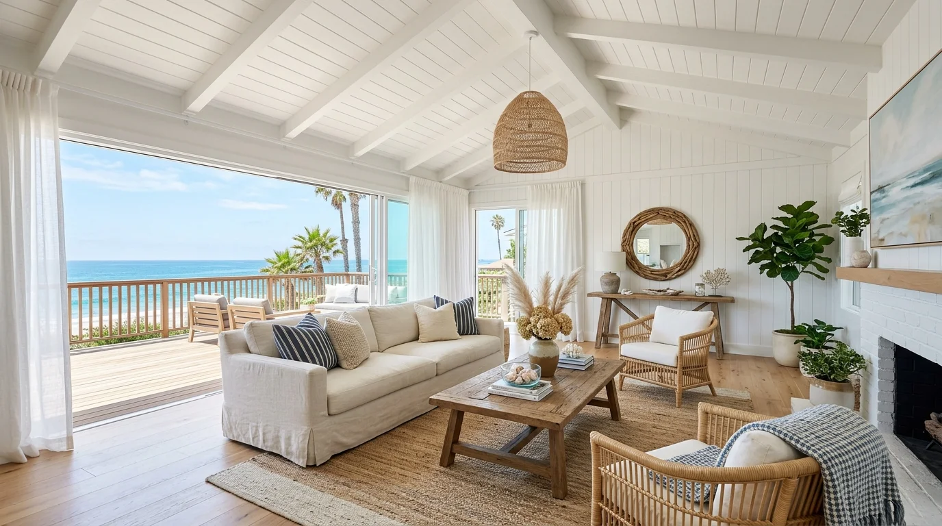 A coastal style living room with a vaulted ceiling light tones and breezy decor bright natural daylight relaxed open vibe no people