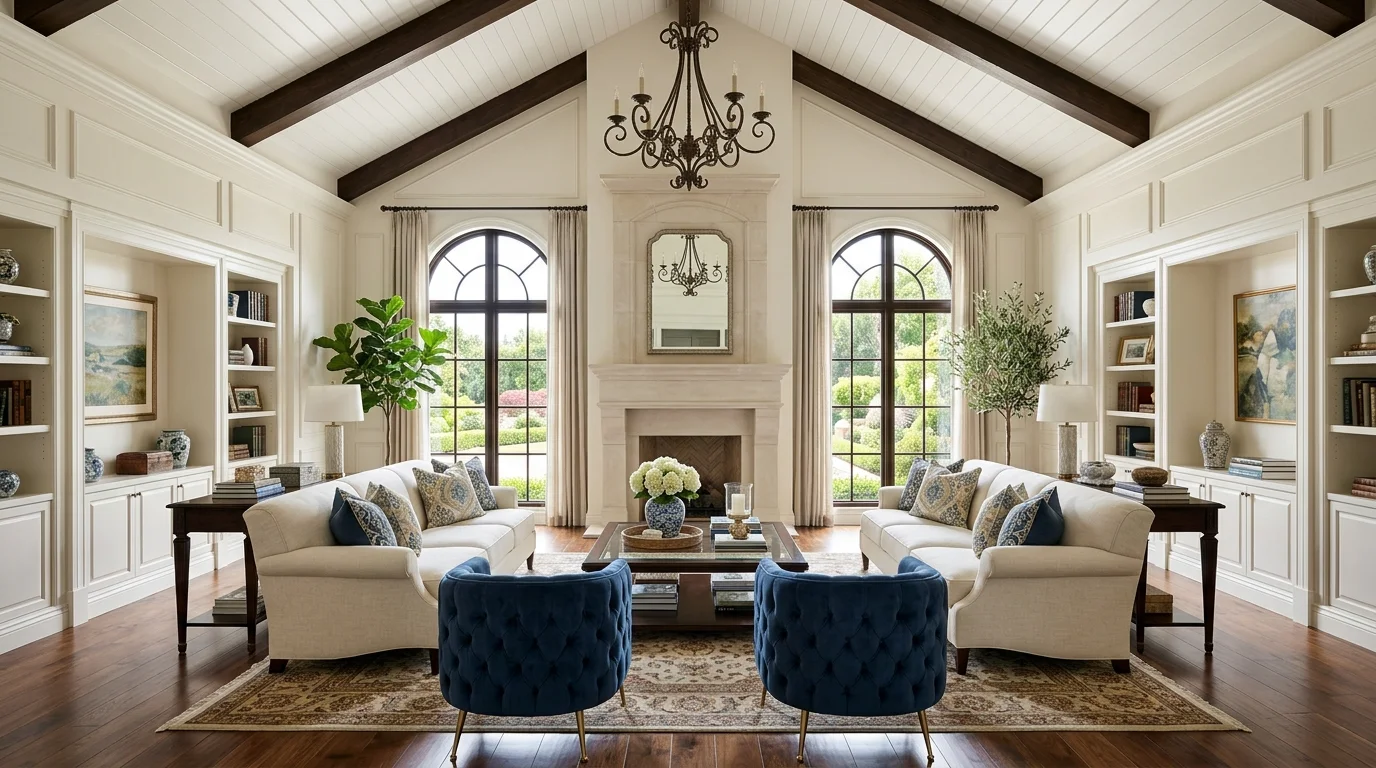 A grand living room with symmetrical seating arrangement under a vaulted ceiling bright natural lighting balanced elegant layout no people