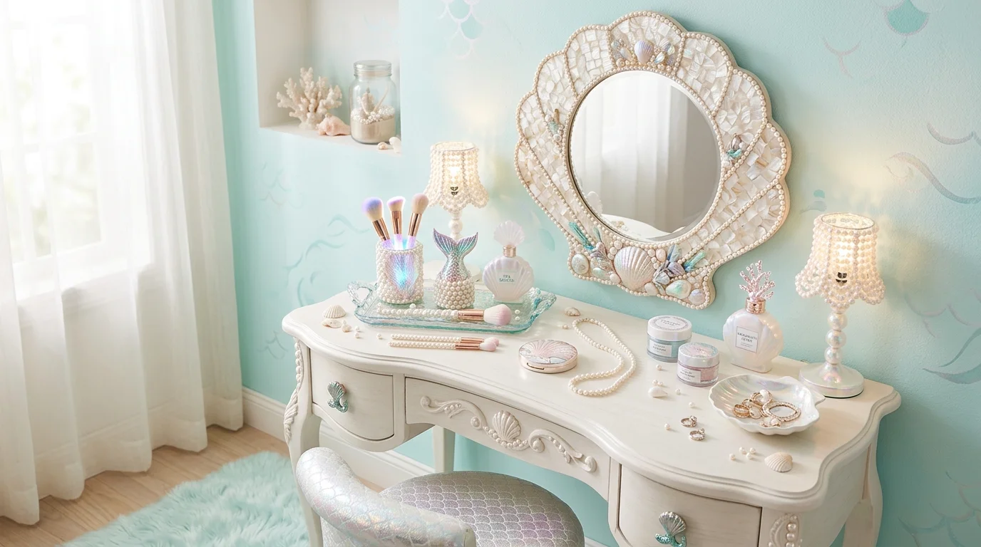 A vanity area with iridescent accessories pearl accents and a shell shaped mirror bright soft lighting whimsical mermaid inspired design no people