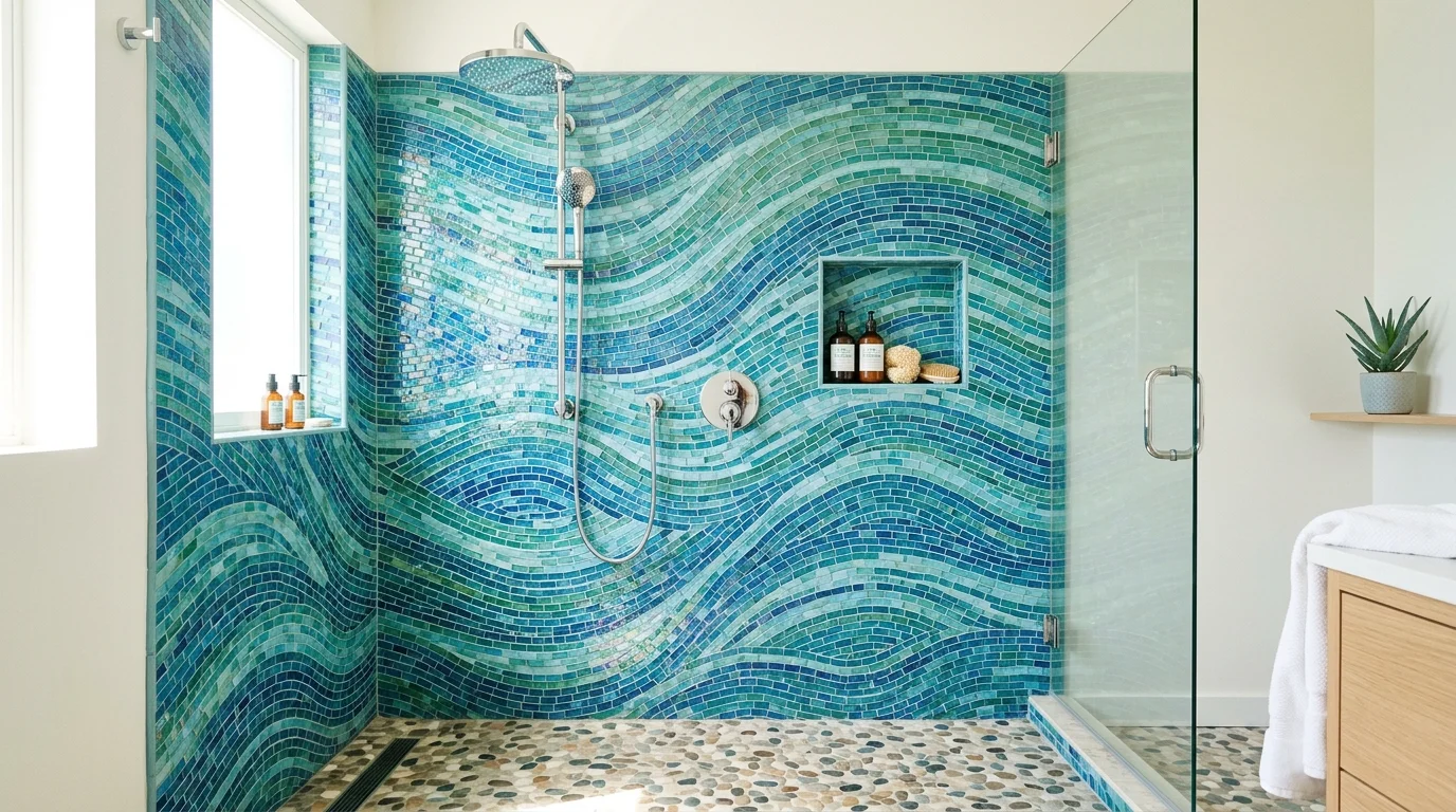 A shower area with mosaic tiles in shades of blue and green creating a wave like effect bright lighting ocean inspired atmosphere no people