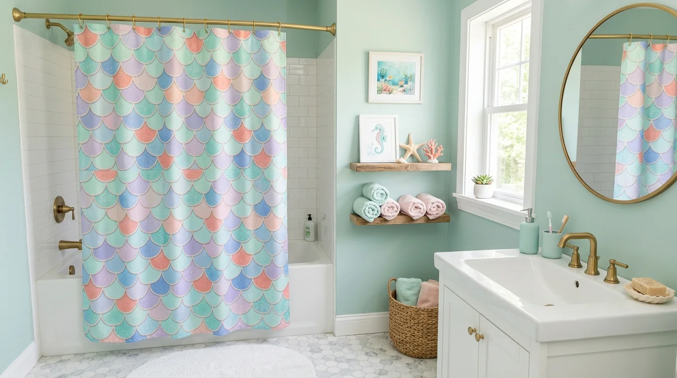 A bathroom with a mermaid scale patterned shower curtain paired with soft pastel decor bright lighting playful underwater theme no people