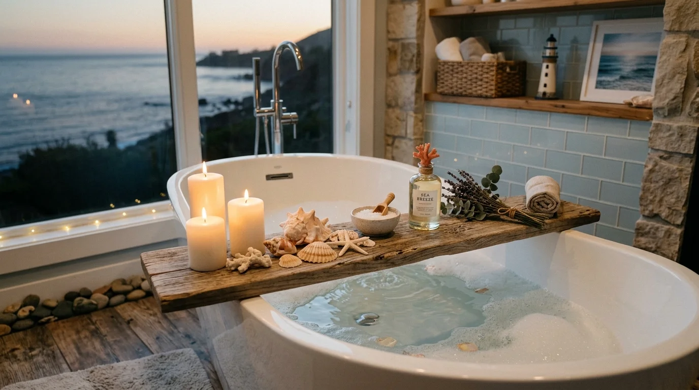 A bathtub styled with a tray holding seashells candles and ocean themed decor soft lighting relaxing coastal spa vibe no people