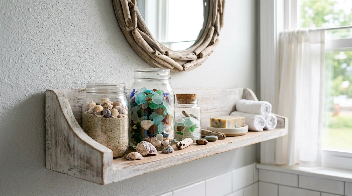 A bathroom shelf decorated with glass jars filled with sand shells and sea glass bright natural daylight fresh beachy aesthetic no people