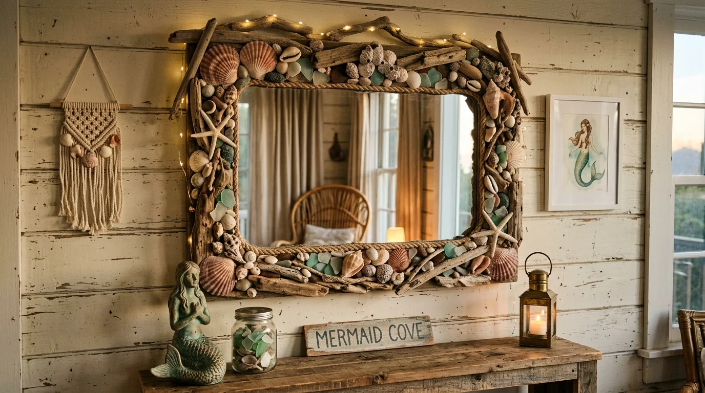 A mirror framed with shells and driftwood mounted on a wall soft lighting rustic coastal mermaid decor no people