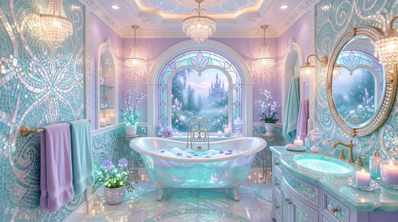 A bathroom with a soft lavender and aqua color palette paired with shimmering accents bright lighting dreamy fantasy vibe no people
