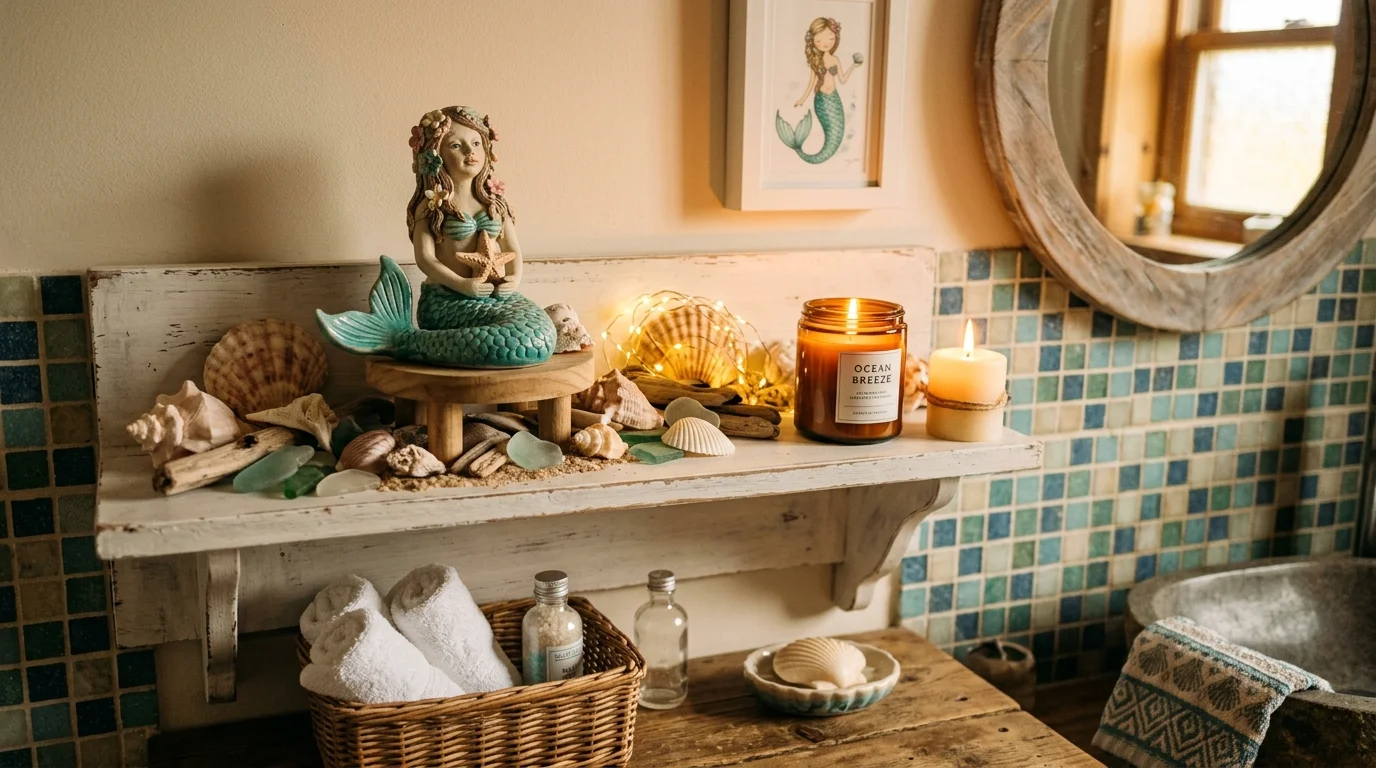A small bathroom corner with a mermaid figurine shells and candles arranged neatly soft warm lighting charming whimsical decor no people