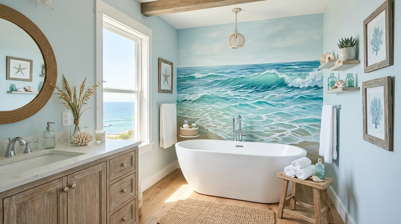 A bathroom with ocean wave wall art and coastal accents bright natural light serene underwater escape feel no people