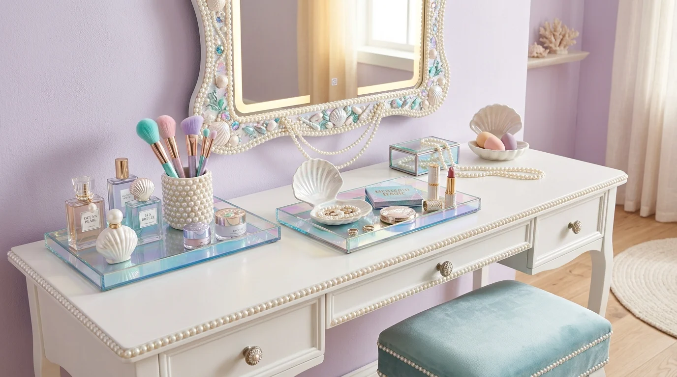 A vanity setup with pearl bead decor iridescent trays and soft pastel accessories bright lighting elegant mermaid inspired style no people