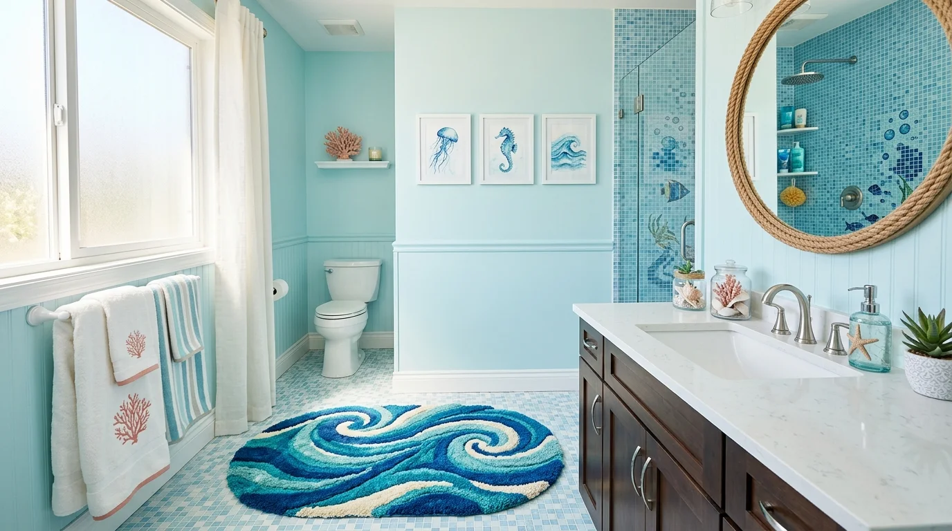 A bathroom with a textured rug resembling ocean waves paired with sea themed decor bright lighting cohesive underwater design no people