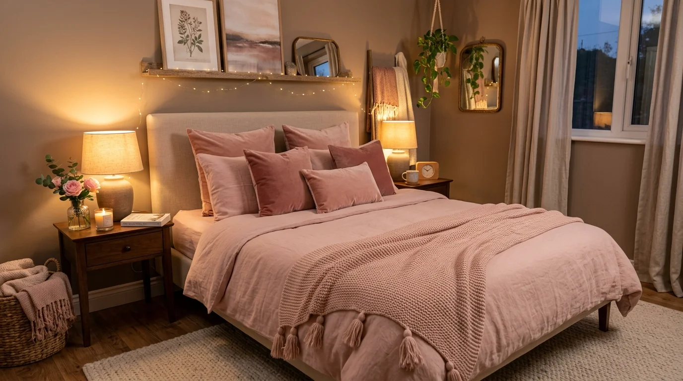 A cozy bedroom with blush pink bedding velvet pillows and a soft throw blanket warm ambient lighting romantic inviting atmosphere no people
