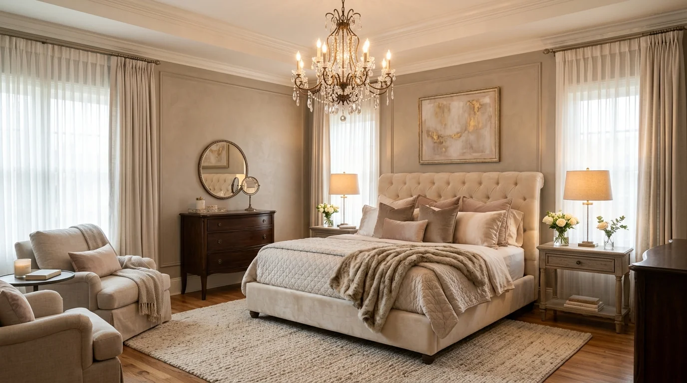 A bedroom with a chandelier hanging above a plush bed and soft neutral tones warm diffused lighting elegant romantic design no people