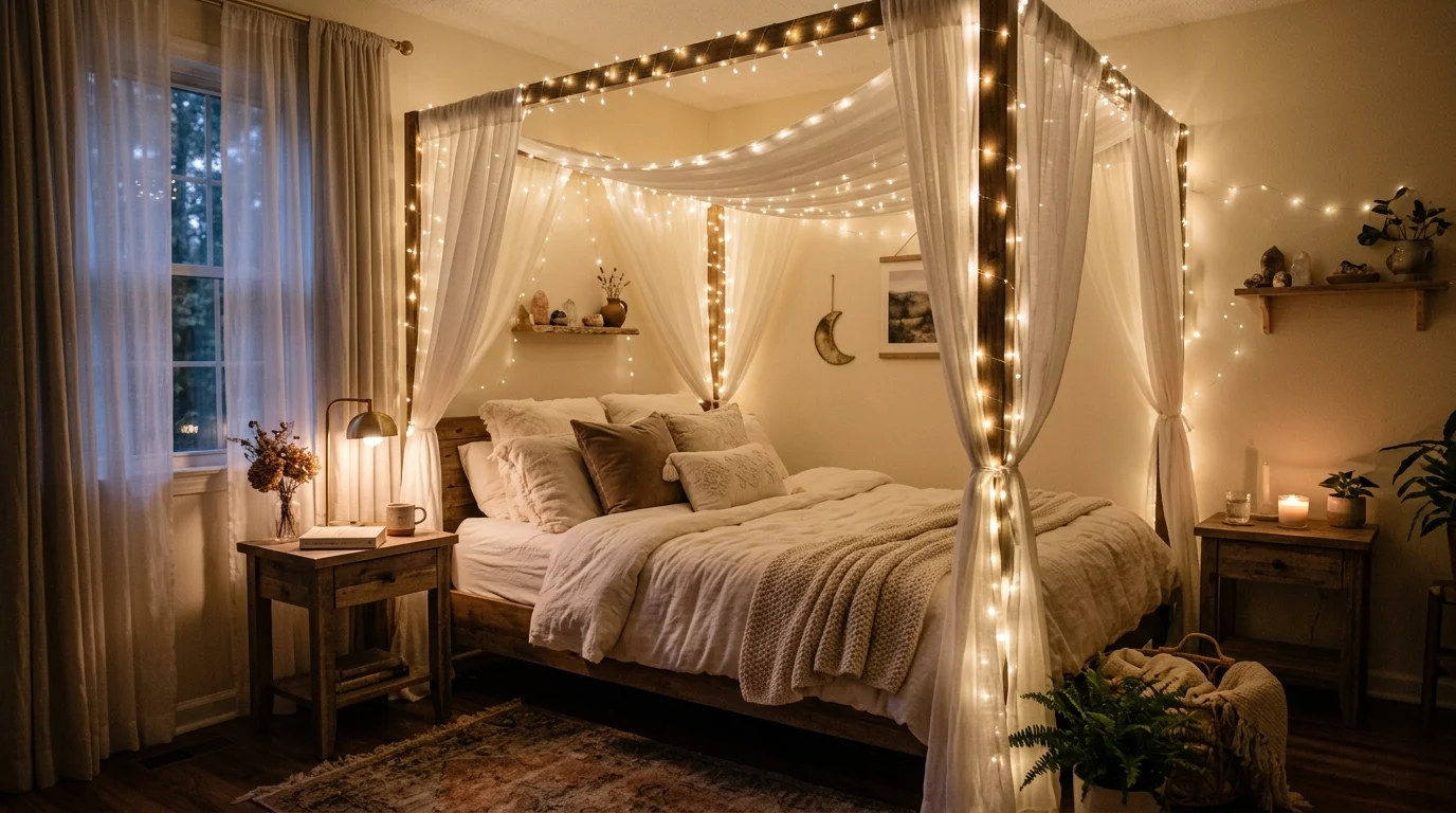 A space with a bed framed by fairy lights and sheer curtains soft lighting dreamy magical ambiance no people