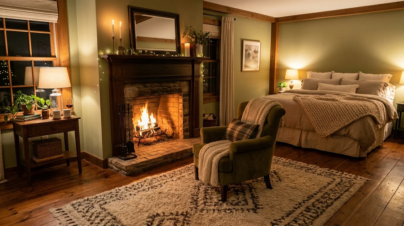 A romantic bedroom with a fireplace and two chairs placed nearby warm lighting cozy intimate setting no people