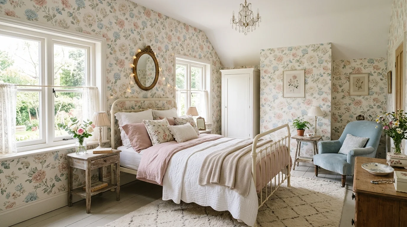 A bedroom with floral wallpaper soft pastel tones and delicate decor bright natural daylight gentle romantic vibe no people