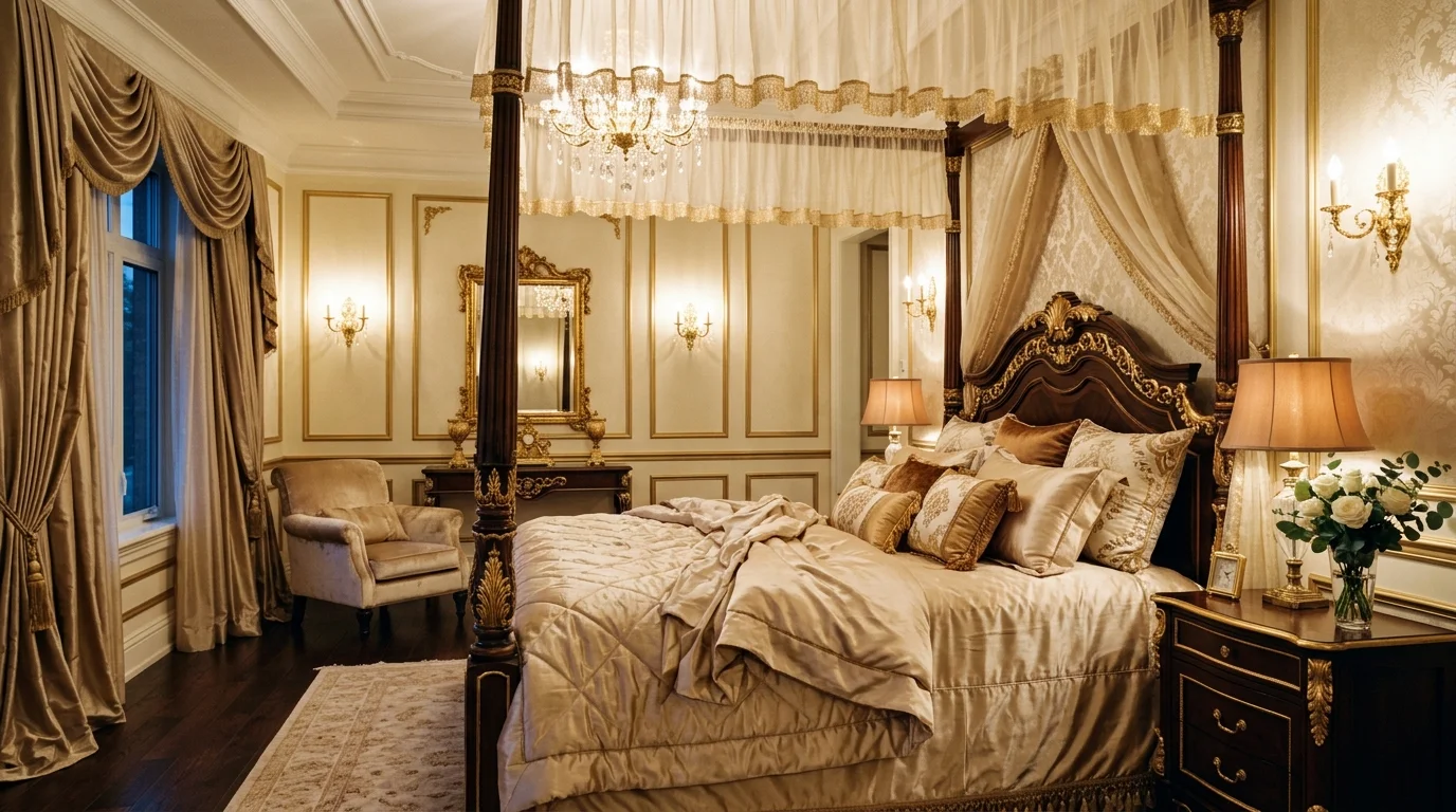 A luxurious room with silk bedding and gold accents soft lighting refined romantic elegance no people