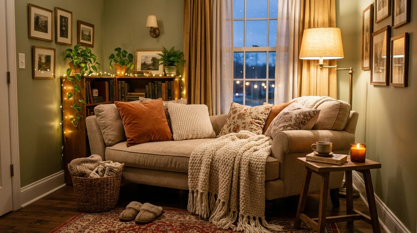 A cozy corner with a chaise lounge layered with cushions and a throw warm lighting relaxing romantic nook no people